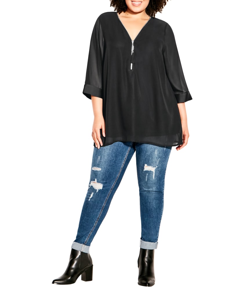 Front of a model wearing a size 16 ANNABEL ZIP BLOUSE in Black by Evans. | dia_product_style_image_id:302852